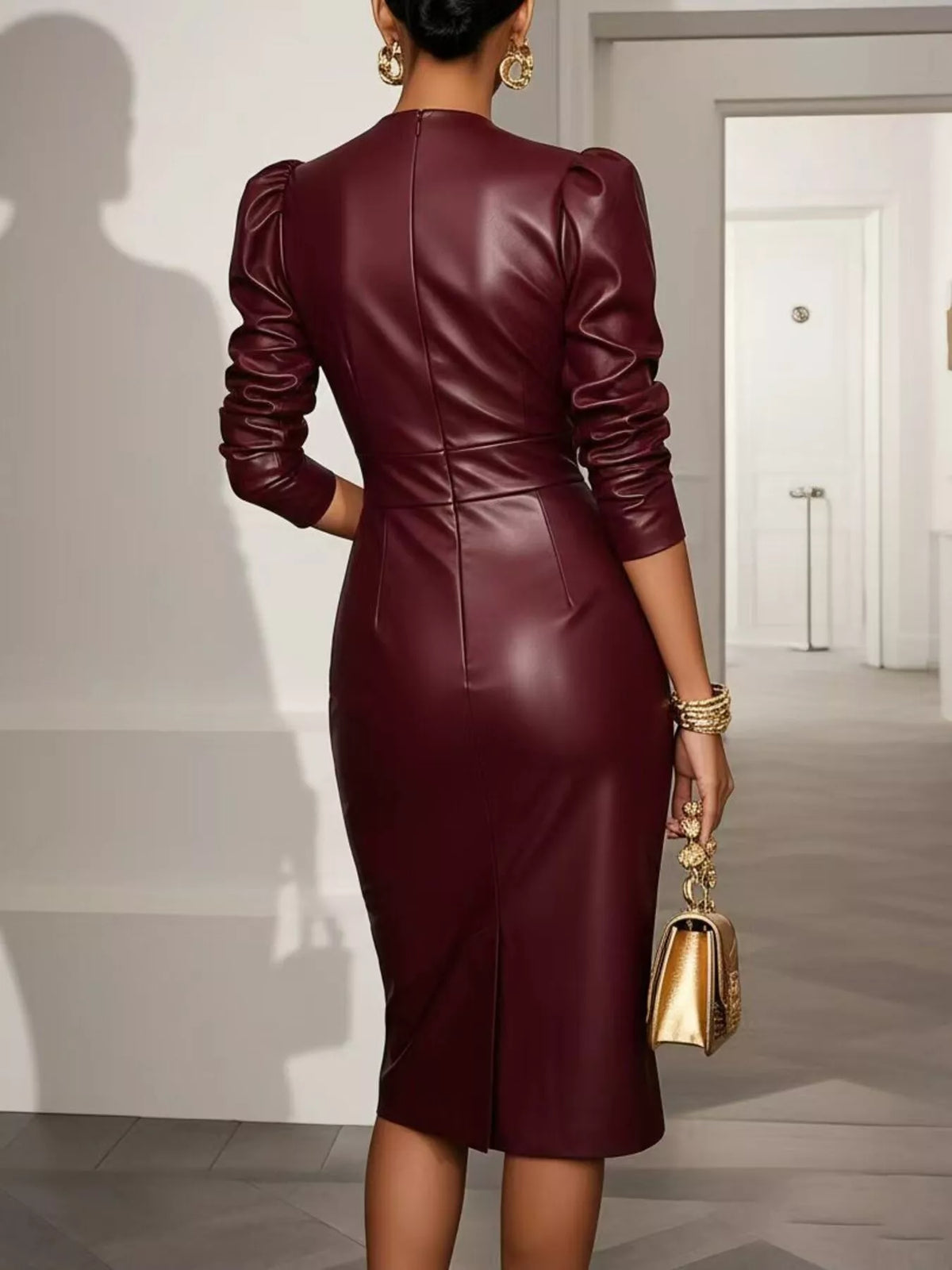 V-neck puff sleeve midi dress from Trendsi featuring a flowy silhouette and elegant design in a stylish fabric.