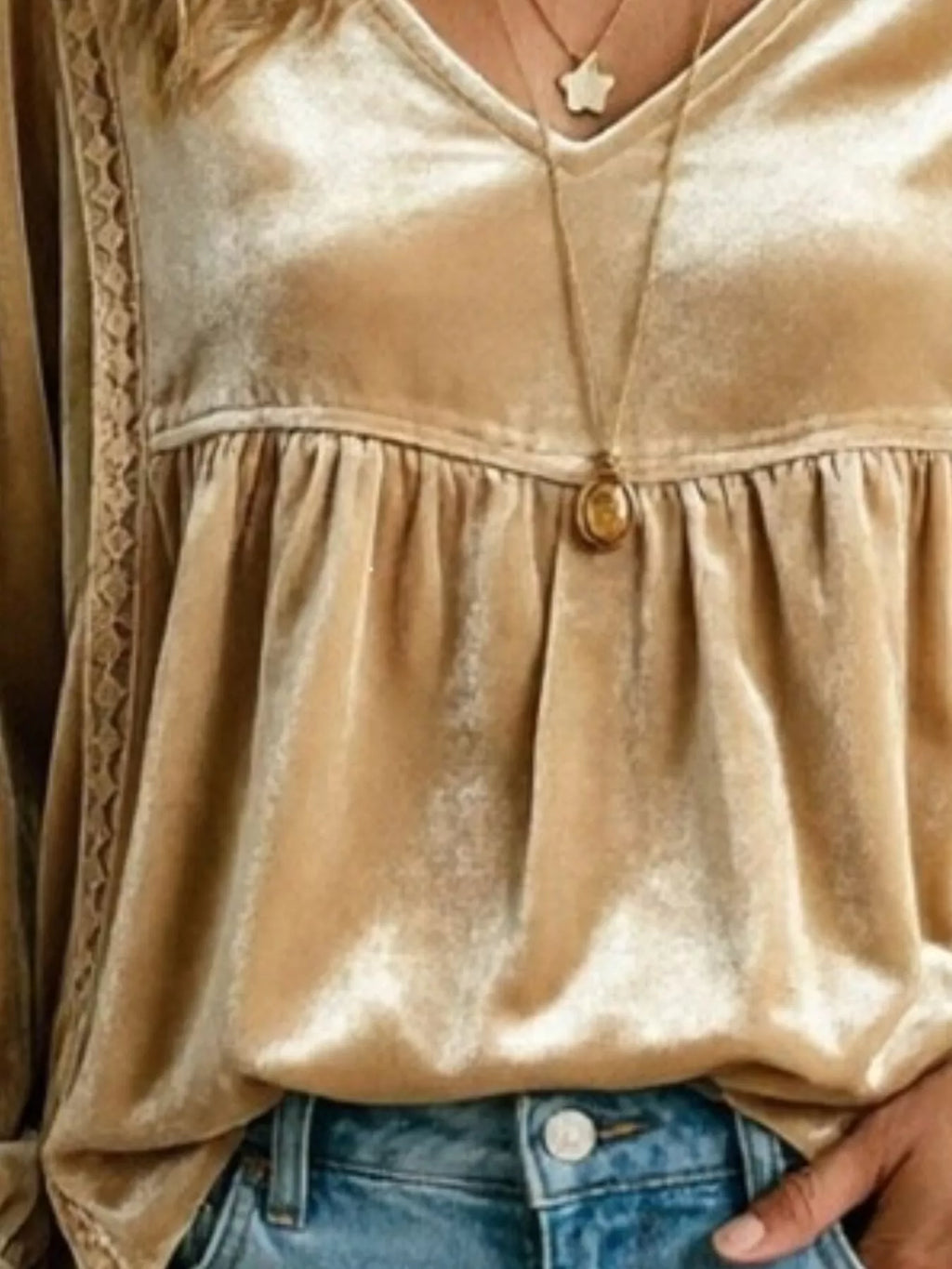 Plus size velvet blouse with V-neck, long sleeves, and lace trim, featuring a full-length design from Trendsi.