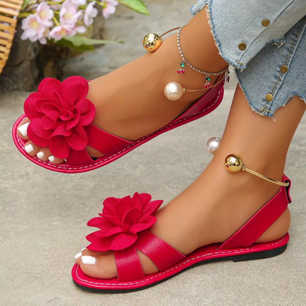 Open toe flower sandals by Trendsi featuring stylish straps and floral accents for a chic summer look.