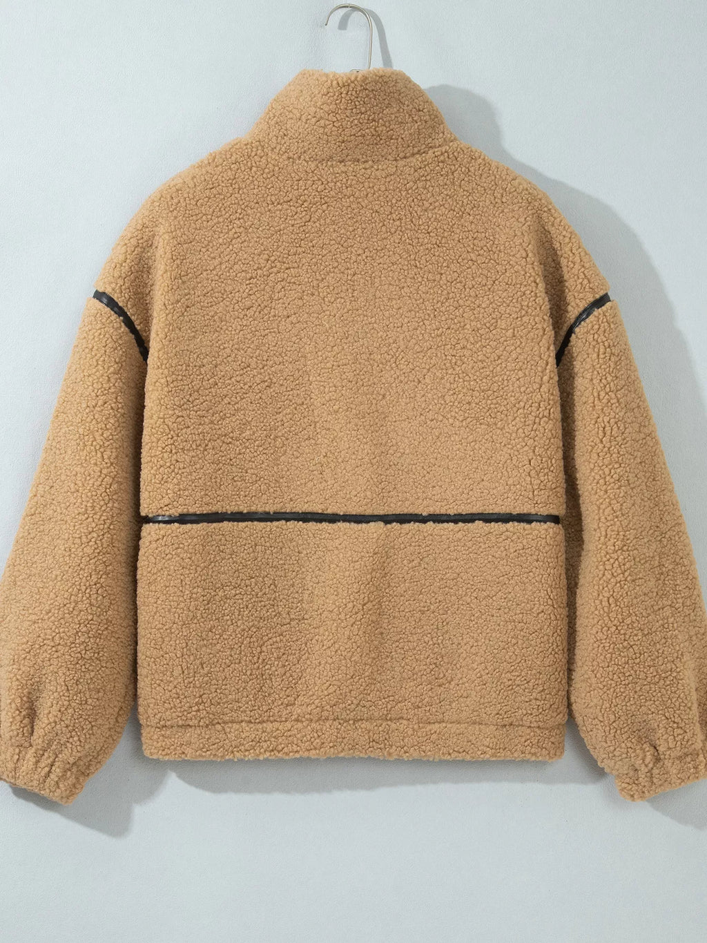 Camel fleece zip-up jacket with collar and dropped shoulders, view 3