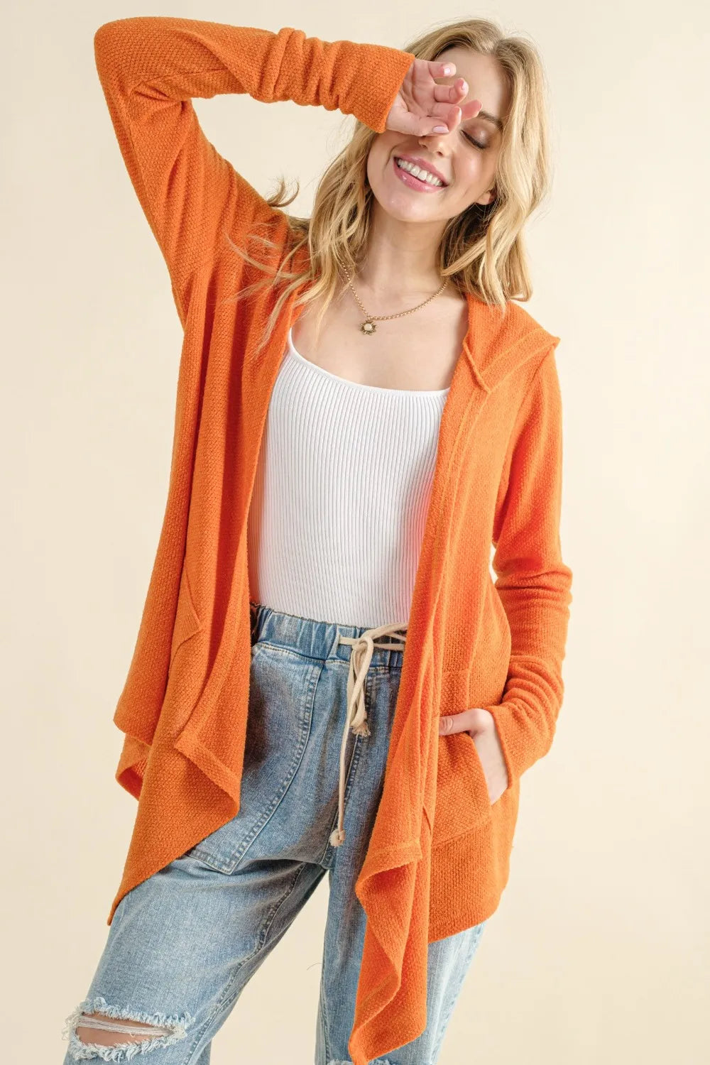 Dusty coral thermal hooded open-front cardigan with pockets, view 3