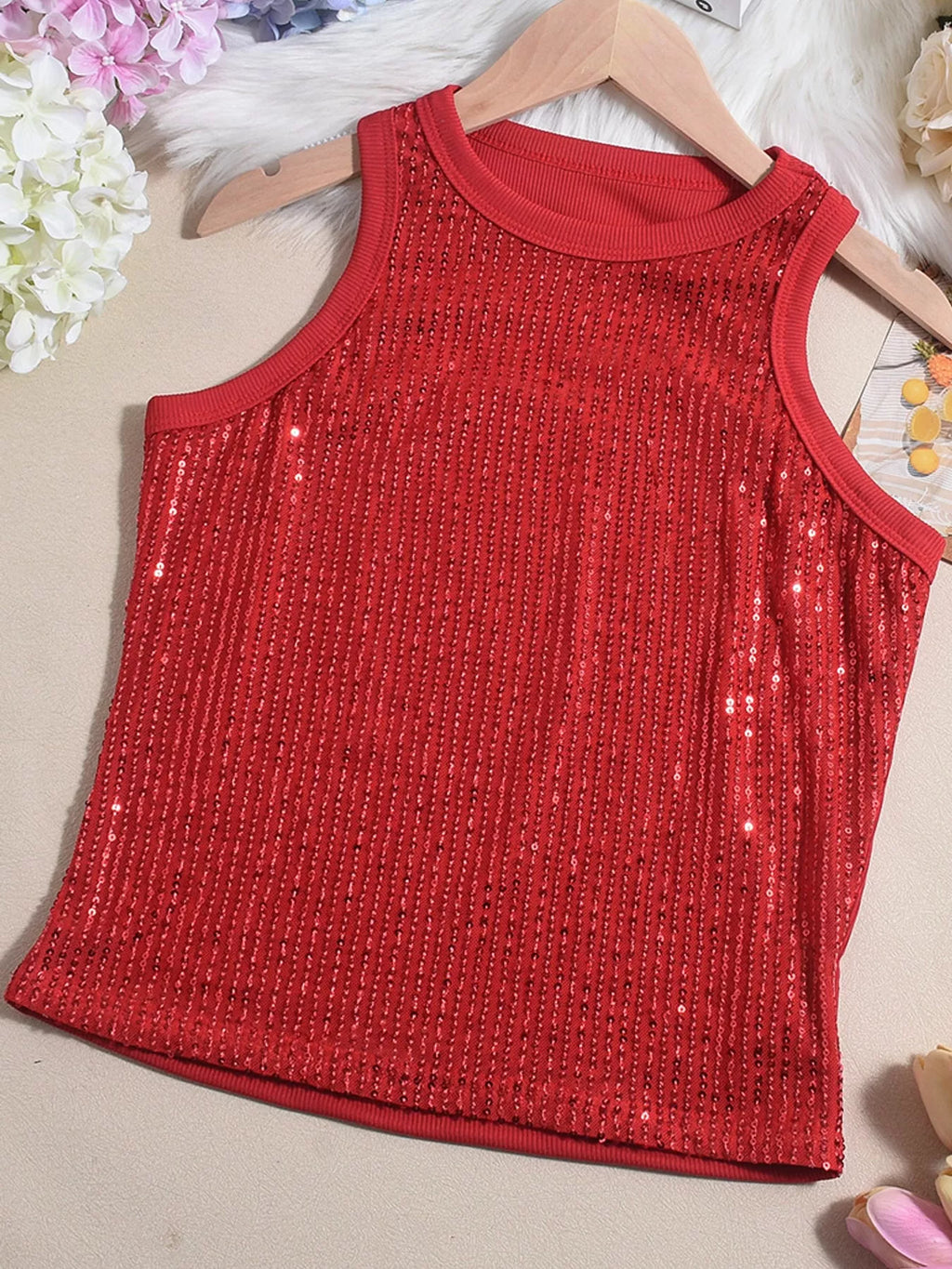 Sequin round neck tank top by Trendsi, featuring shiny sequins and a sleeveless design, perfect for stylish casual wear.