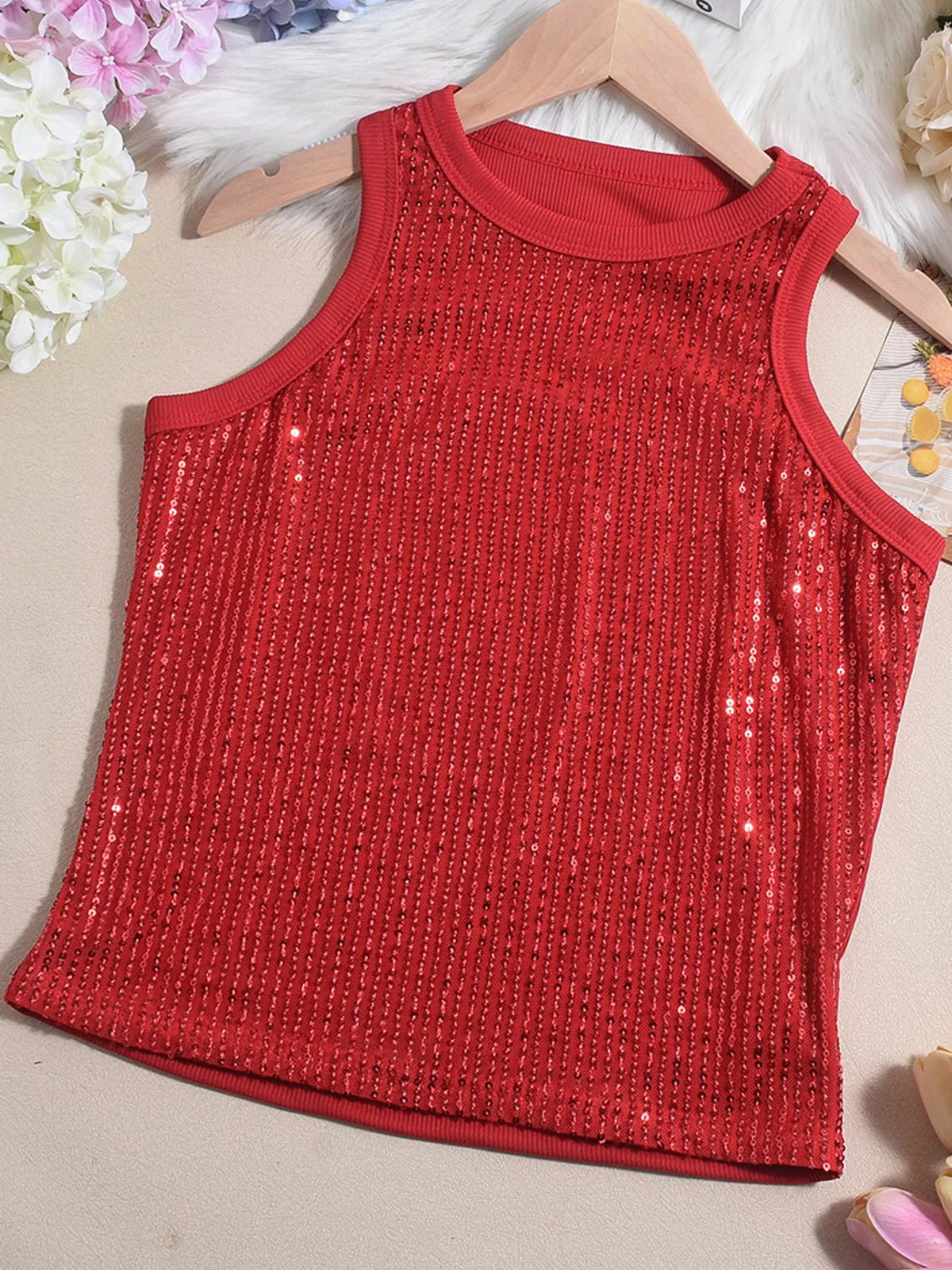 Sequin round neck tank top by Trendsi, featuring shiny sequins and a sleeveless design, perfect for stylish casual wear.