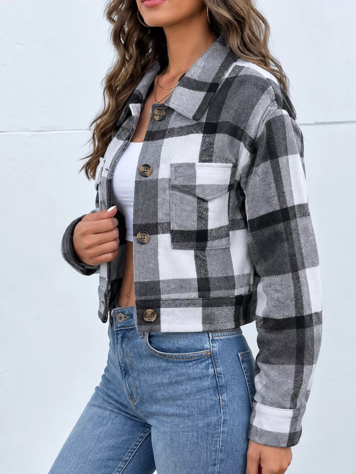 Plaid button-front cropped jacket, view 44