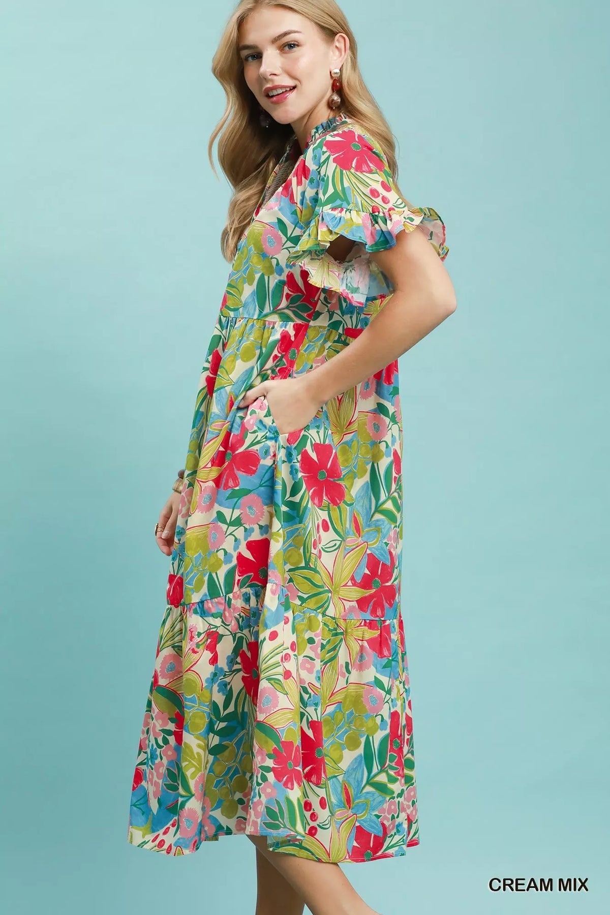 Tropical floral ruffle sleeve tiered midi dress by Umgee, featuring vibrant floral print and ruffle accents.