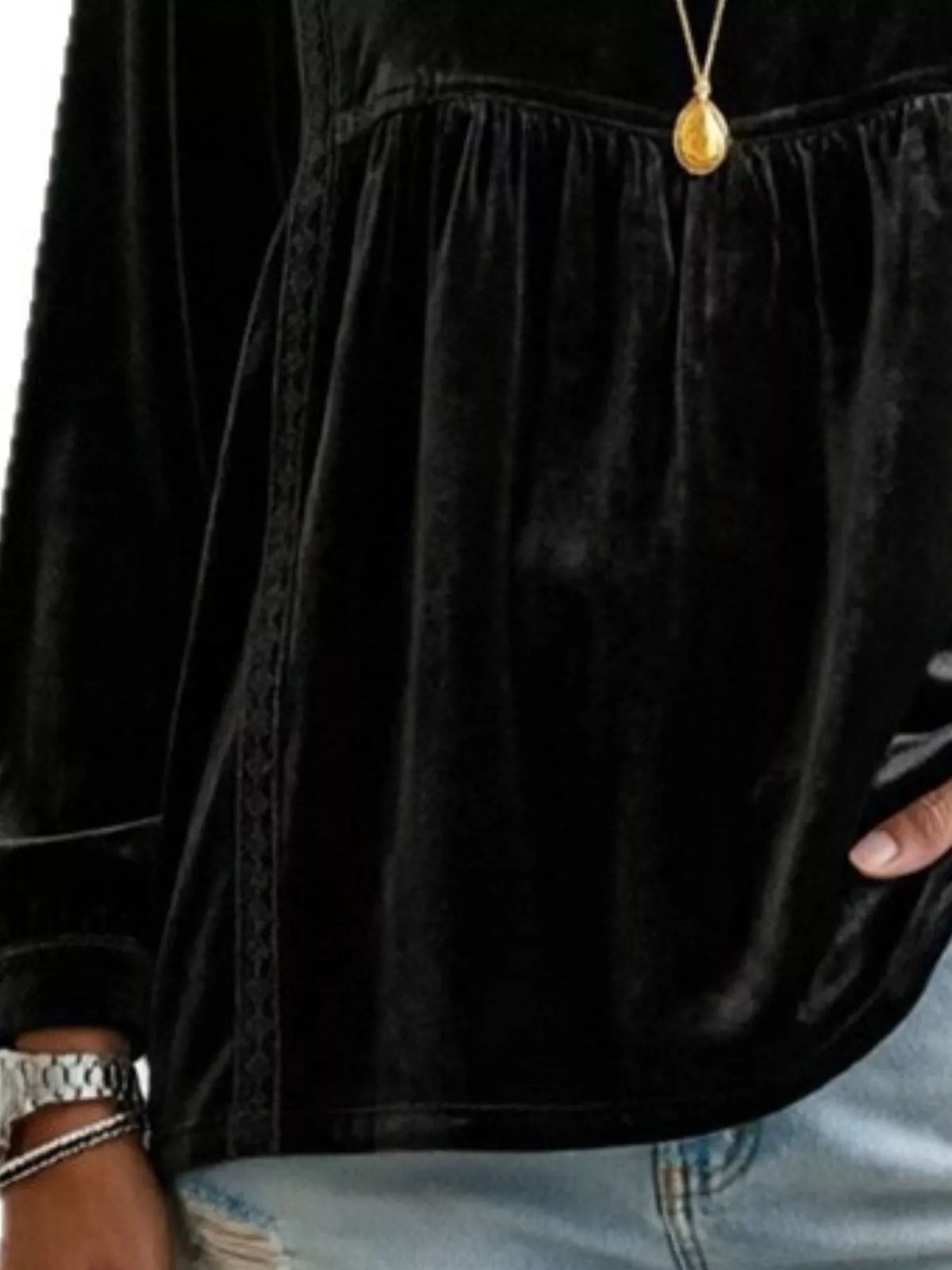 Plus size velvet V-neck long sleeve blouse with lace trim, stylish fashion top from Trendsi.