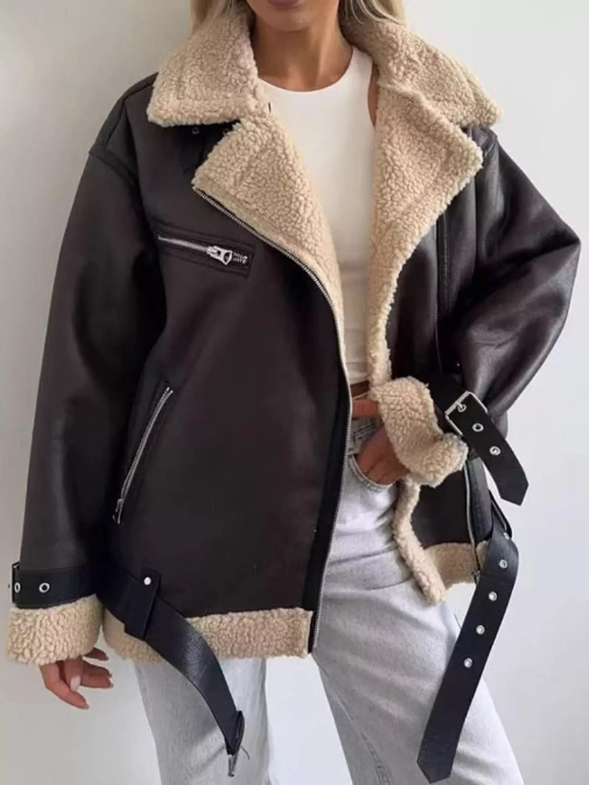 Dark brown faux leather zip-up jacket with belt, view 4