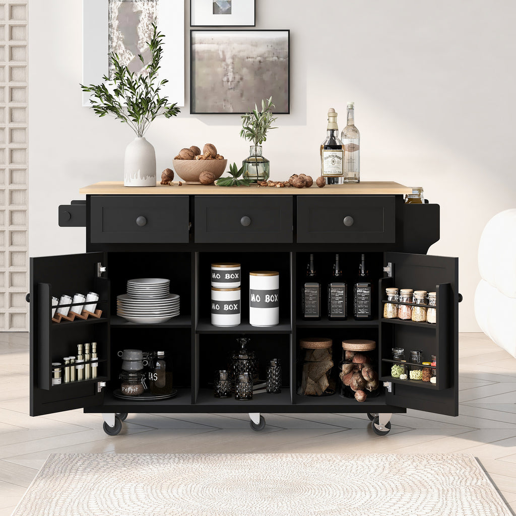 Black Rolling Kitchen Island with Drop-Leaf Top & Storage