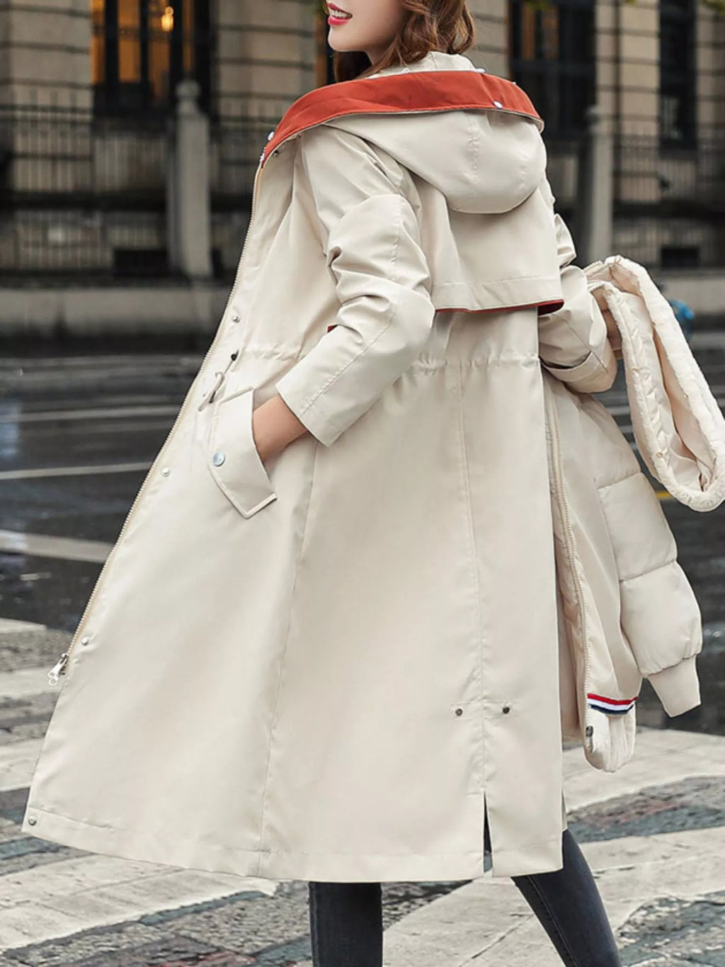 Longline hooded parka with faux fur trim and drawstring waist, view 28