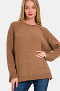 Zenana side slit raglan sleeve sweater featuring a cozy knit texture and stylish design, ideal for casual wear.