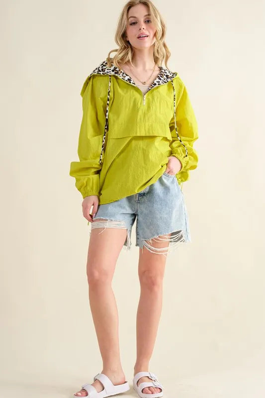 Lime leopard print hooded zip-up windbreaker with pockets