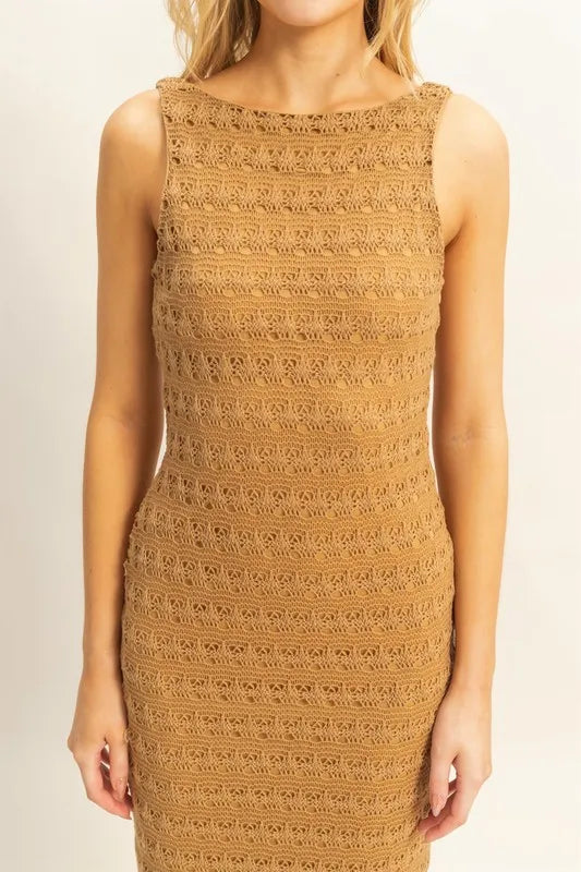 Sleeveless crochet open back maxi dress by HYFVE featuring intricate crochet details and a flowing silhouette.