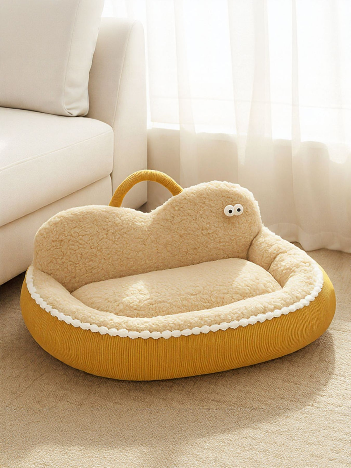 Cartoon design cozy pet nest with soft fabric and colorful patterns, ideal for small dogs or cats.