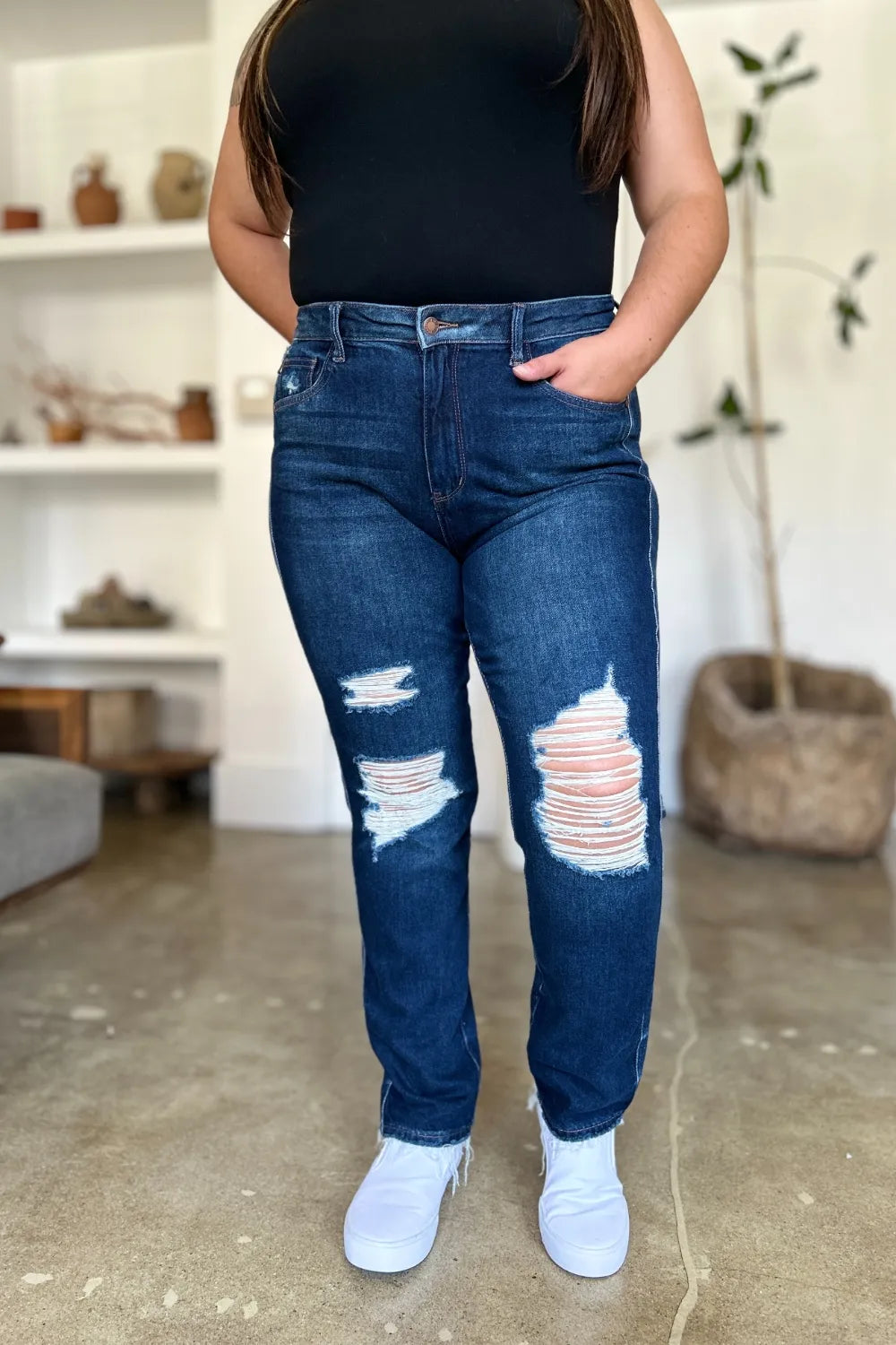 Judy Blue high waist rigid straight jeans with heavy destroy details, full size, dark denim, and classic five-pocket style.
