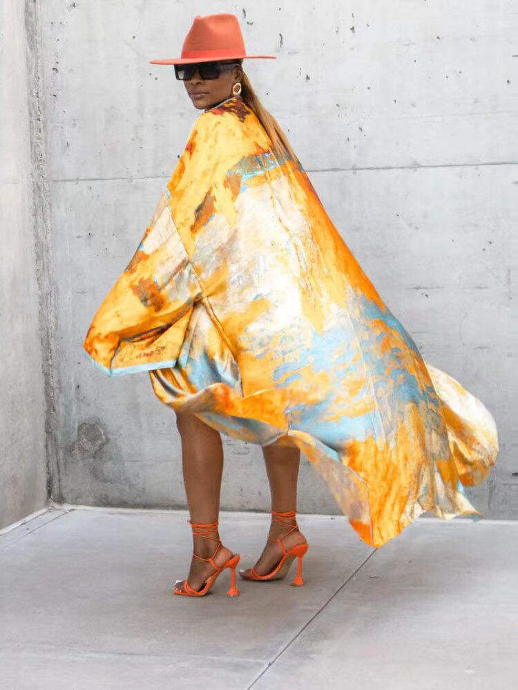 Gold Bohemian Printed Long Kimono Wrap Dress Bikini Cover-ups Summer Clothes Women Beach Wear Swim Suit Cover Up