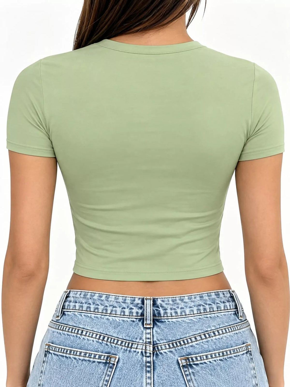 Slim fit basic crew neck short sleeve crop T-shirt by Trendsi, shown in white with a fitted silhouette and classic crew neckline.