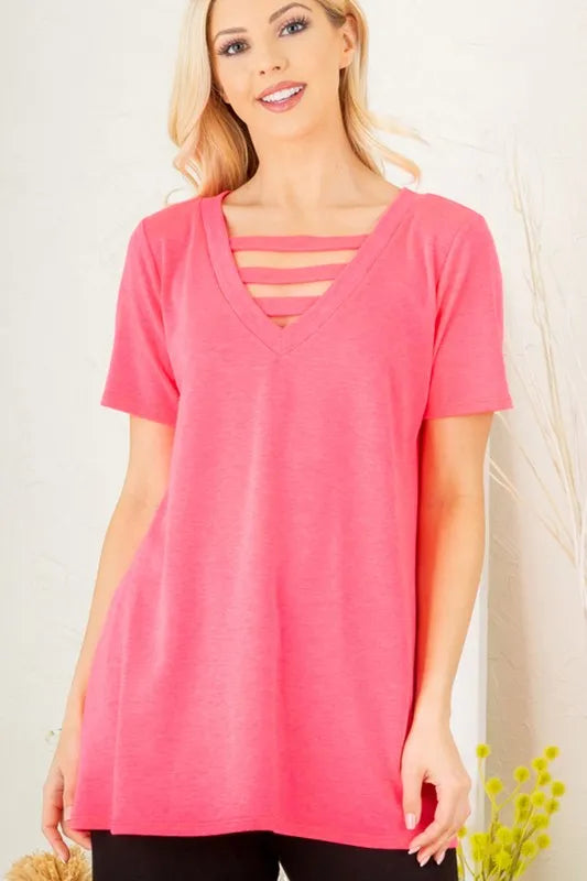 Plus size Heimish V-neck short sleeve T-shirt with bar detail, featuring a trendy fit and casual style for everyday wear.