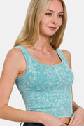 Washed ribbed Zenana wide strap tank top with scoop neck in soft fabric, displayed on a neutral background.