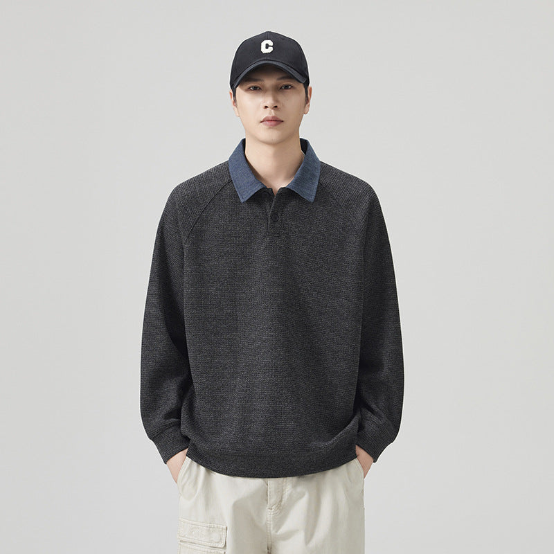 Men's Vintage  Spliced Denim Long Sleeve Polo Collar Loose Fit Casual Sweatshirt eprolo