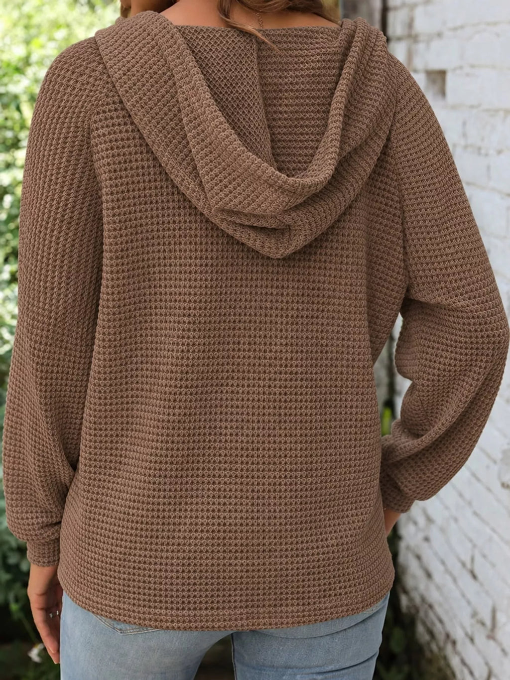 Plus size waffle knit half-button drawstring hoodie, view 50