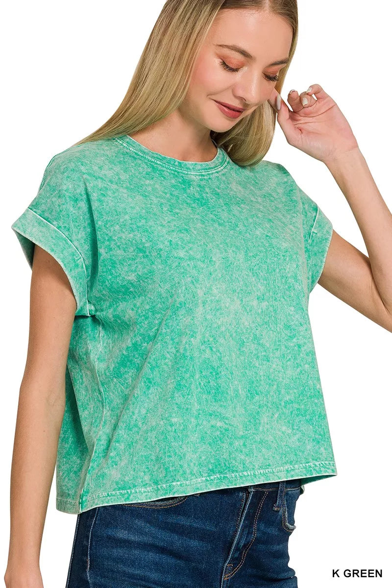 Zenana Halo washed cotton cuffed short sleeve top, lightweight and casual women's blouse with a relaxed fit.