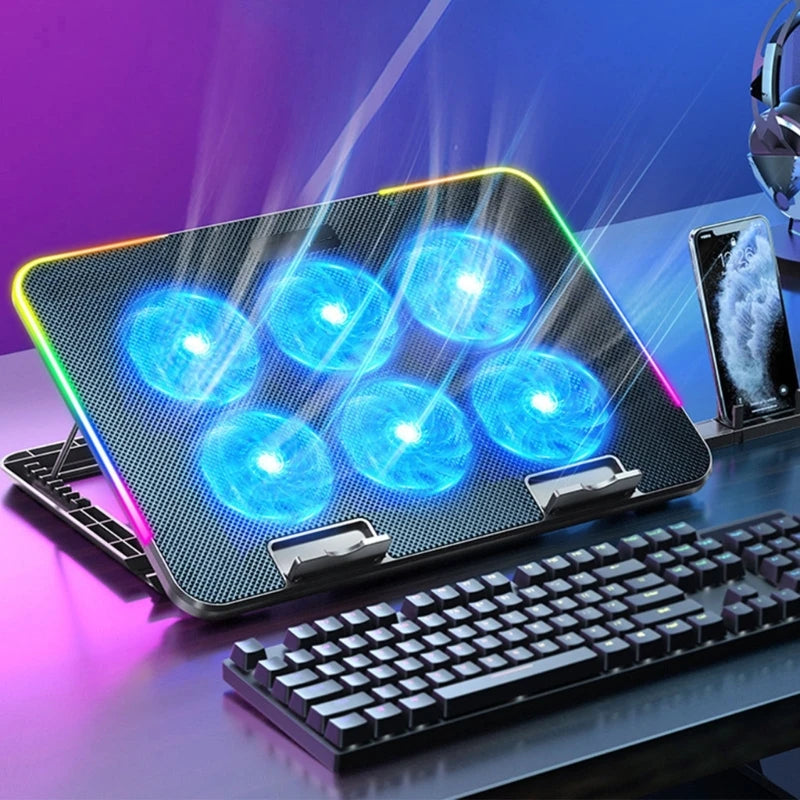 6-Fan LED Laptop Cooling Pad with Phone Holder