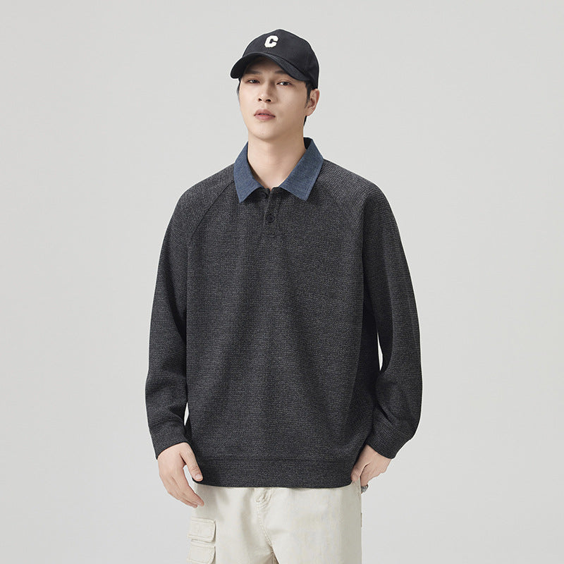Men's Vintage  Spliced Denim Long Sleeve Polo Collar Loose Fit Casual Sweatshirt eprolo