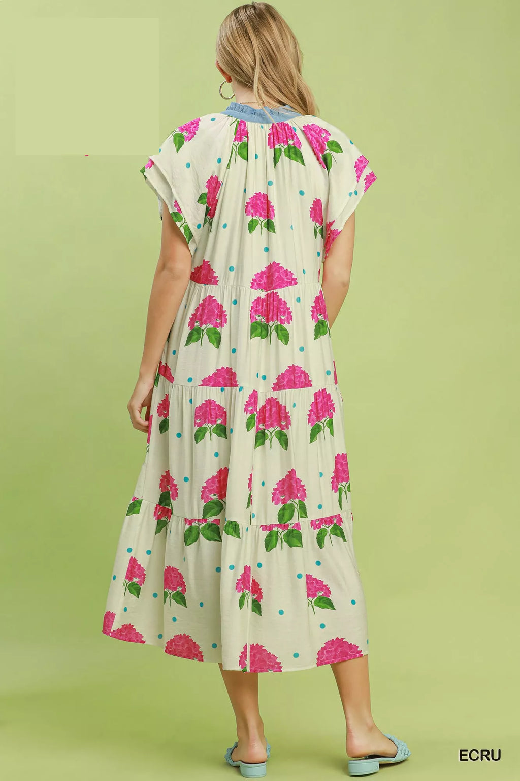 Umgee Hydrangea print tiered midi dress featuring a flowy silhouette and floral pattern, perfect for casual or summer wear.