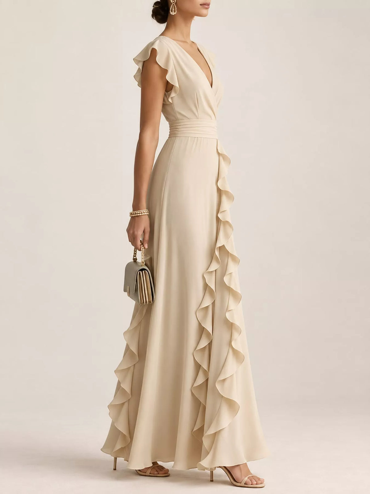 Sleeveless ruffled surplice maxi dress by Trendsi featuring flowing fabric and a stylish design, perfect for elegant summer occasions.