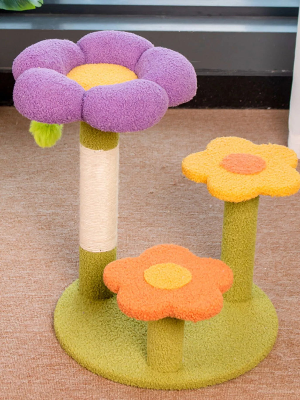 Flower design cat tree with scratching post by Trendsi, featuring colorful flowers and multiple platforms for cats to climb and scratch.