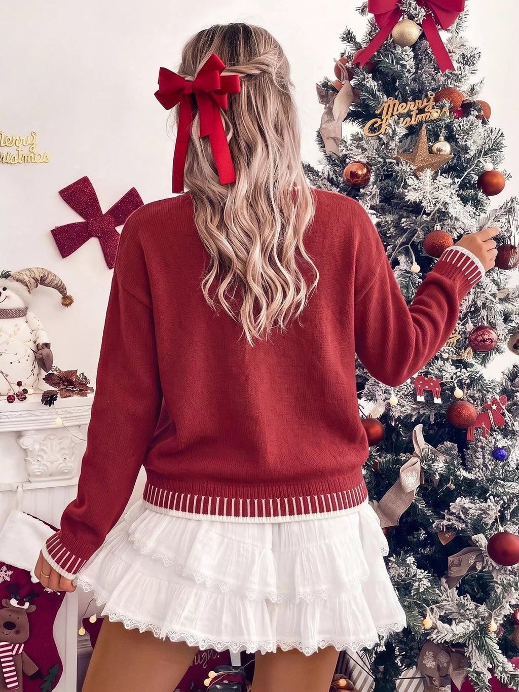 Red crew neck Christmas sweater with Merry lettering, view 6