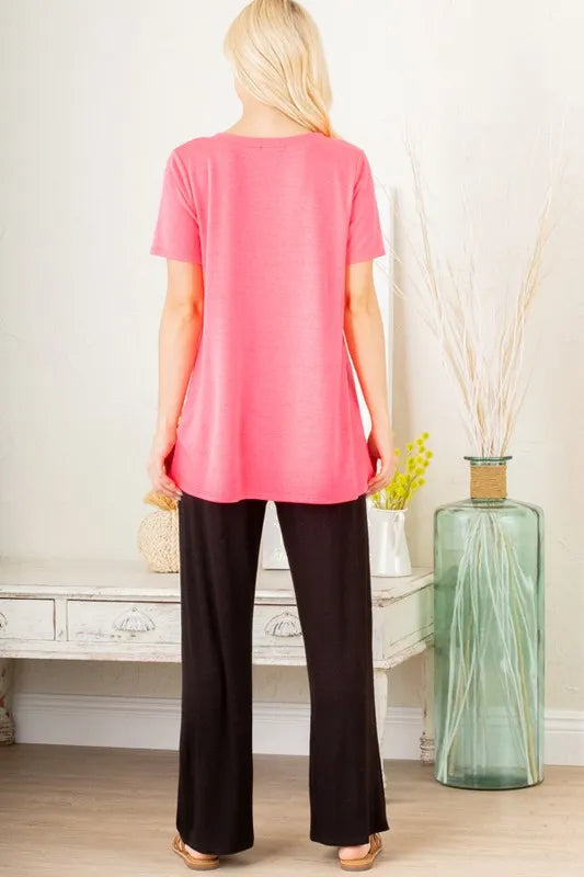 Plus size Heimish V-neck short sleeve T-shirt with bar detail, featuring a stylish fit and casual design.