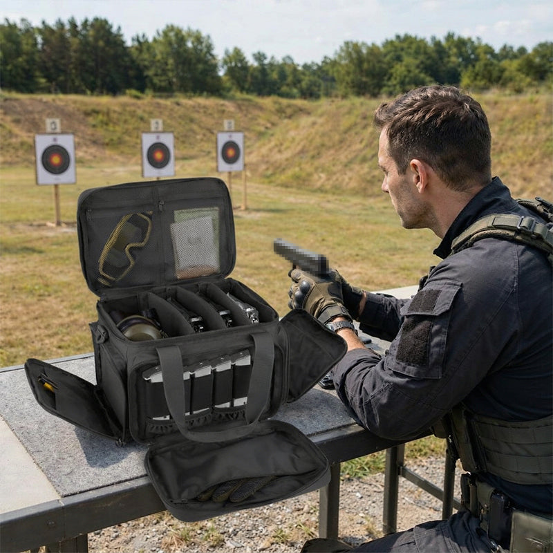 Tactical shoulder shooting bag, padded handgun case for range & hunting, lockable zipper, ammo pockets eprolo