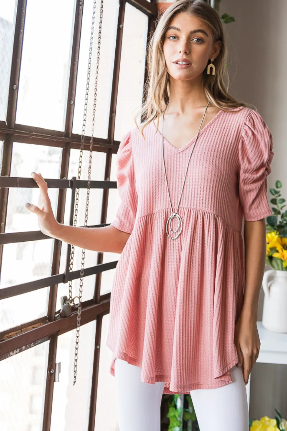 Heimish full size waffle knit V-neck babydoll top in soft fabric, featuring a relaxed fit and stylish V-neck design.
