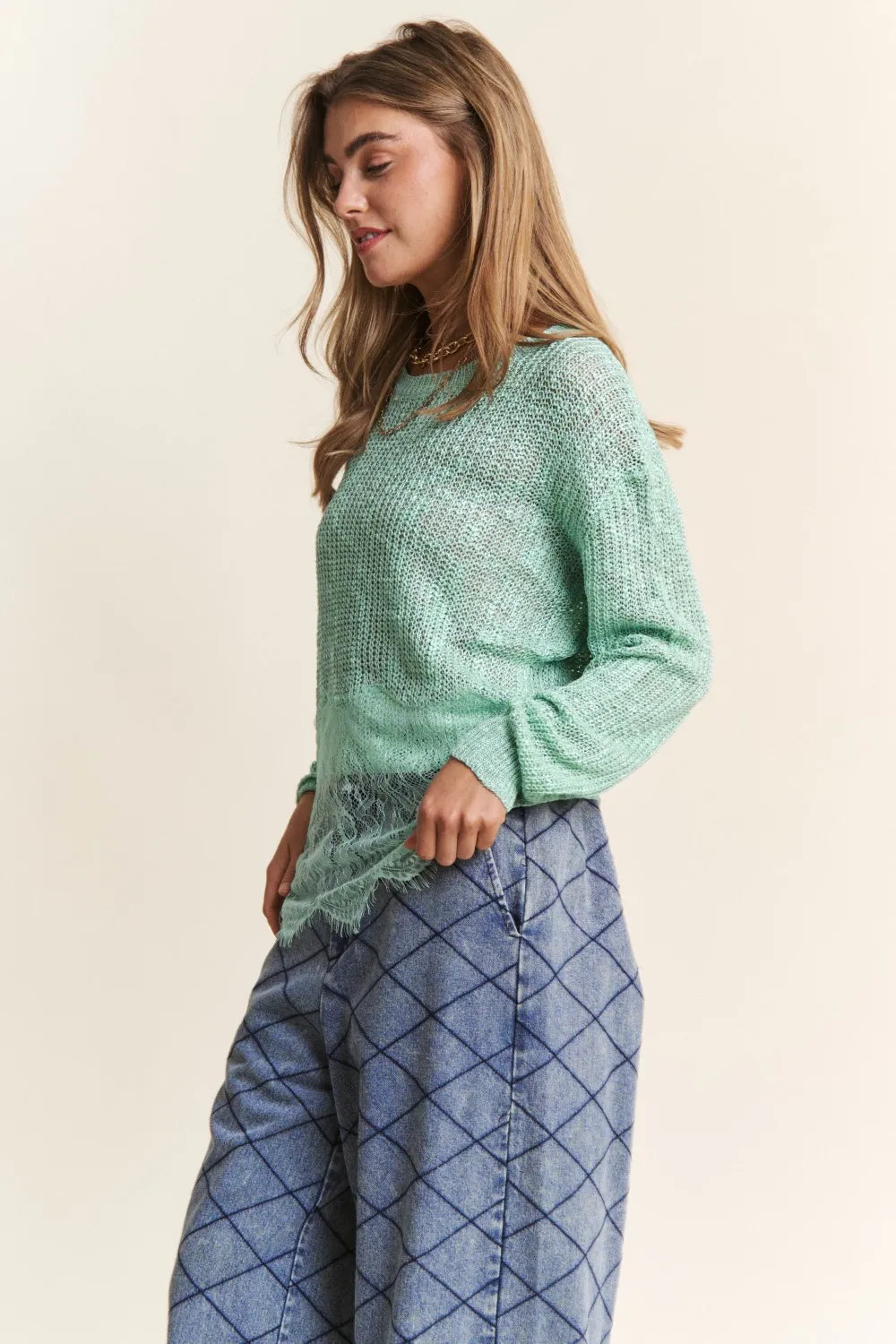 Trendsi J.NNA lace detail long sleeve knit top with intricate lace accents and soft fabric, stylish and comfortable for everyday wear.