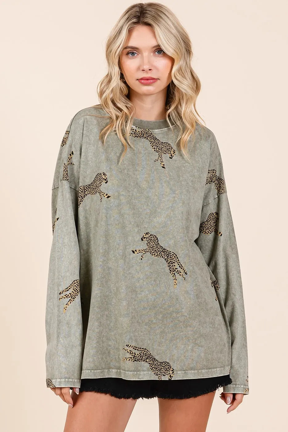 Trendsi Mittoshop mineral wash cheetah print long sleeve top with a relaxed fit and bold animal print design.