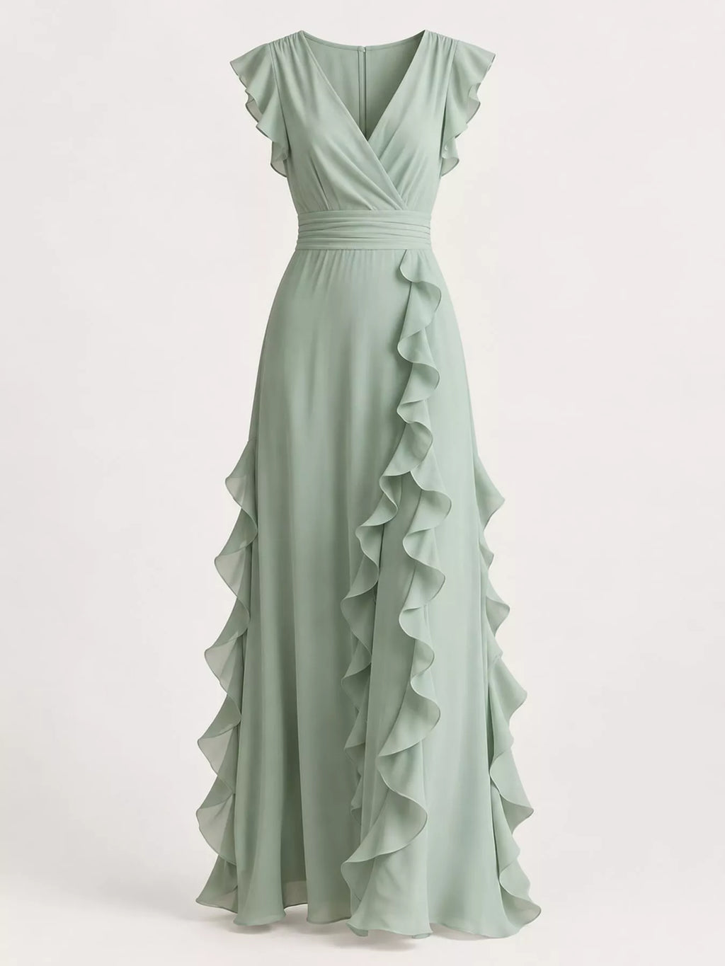 Ruffled surplice sleeveless maxi dress in flowing fabric, featuring a tiered design and elegant style, by Trendsi.