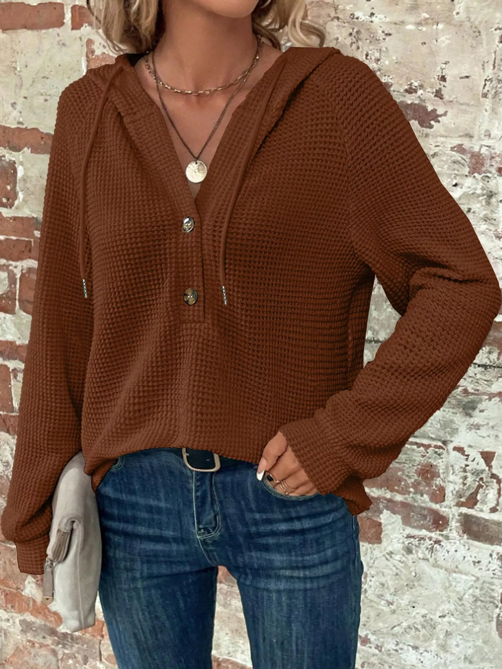 Plus size waffle knit half-button drawstring hoodie, view 38