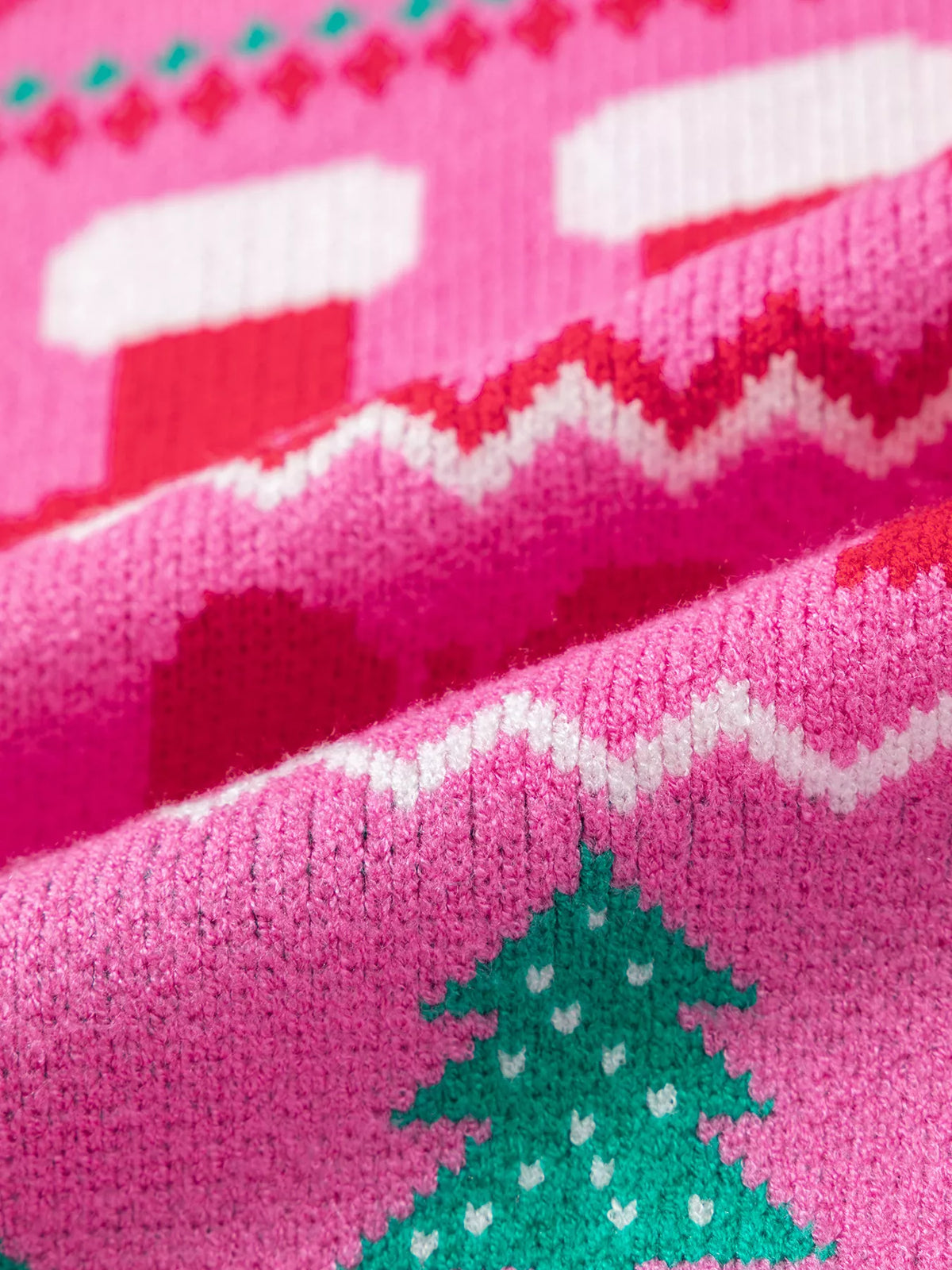 Fuchsia pink round neck Christmas graphic knit sweater, view 7