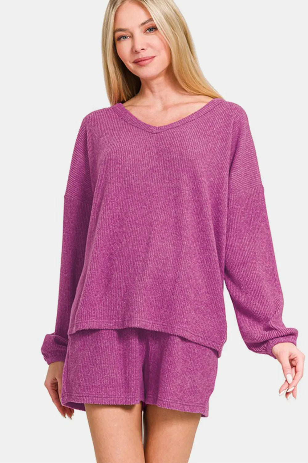 Zenana V-neck long sleeve ribbed top and shorts set in black, featuring a comfortable fit and stylish design.