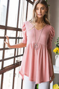 Heimish full size waffle knit V-neck babydoll top in soft fabric, featuring a relaxed fit and stylish V-neck design.