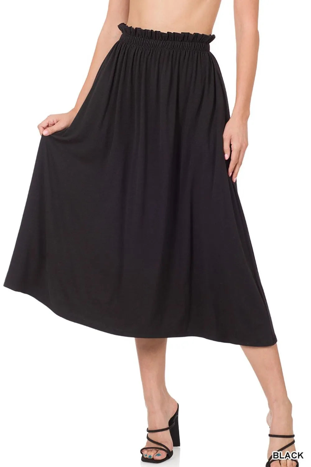 Trendsi Zenana paperbag waist midi skirt with pockets, beige color, lightweight fabric, and a stylish, relaxed fit.