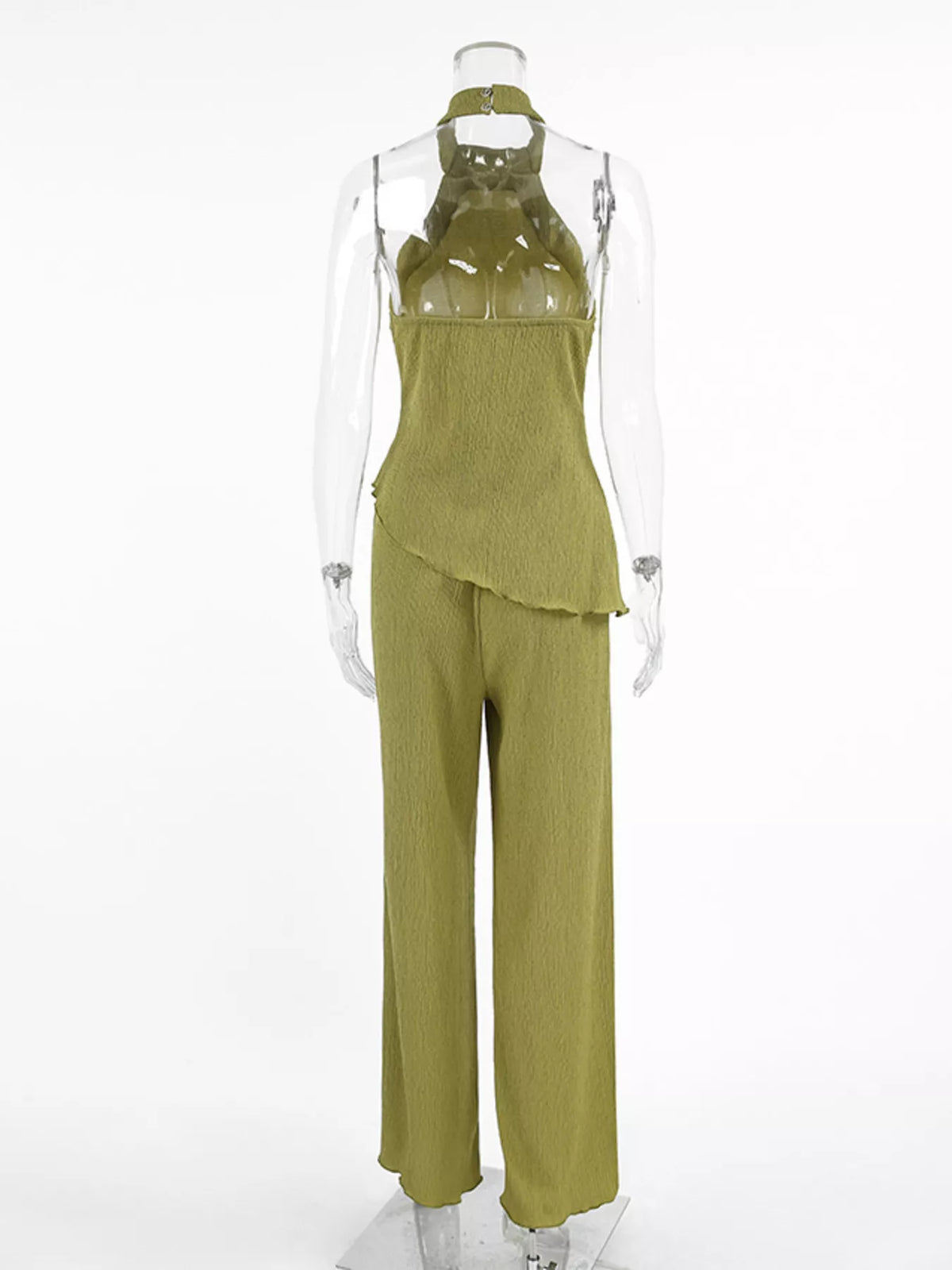 Trendsi sleeveless top and wide-leg pants two-piece set in neutral fabric, displayed on a hanger against a white background.