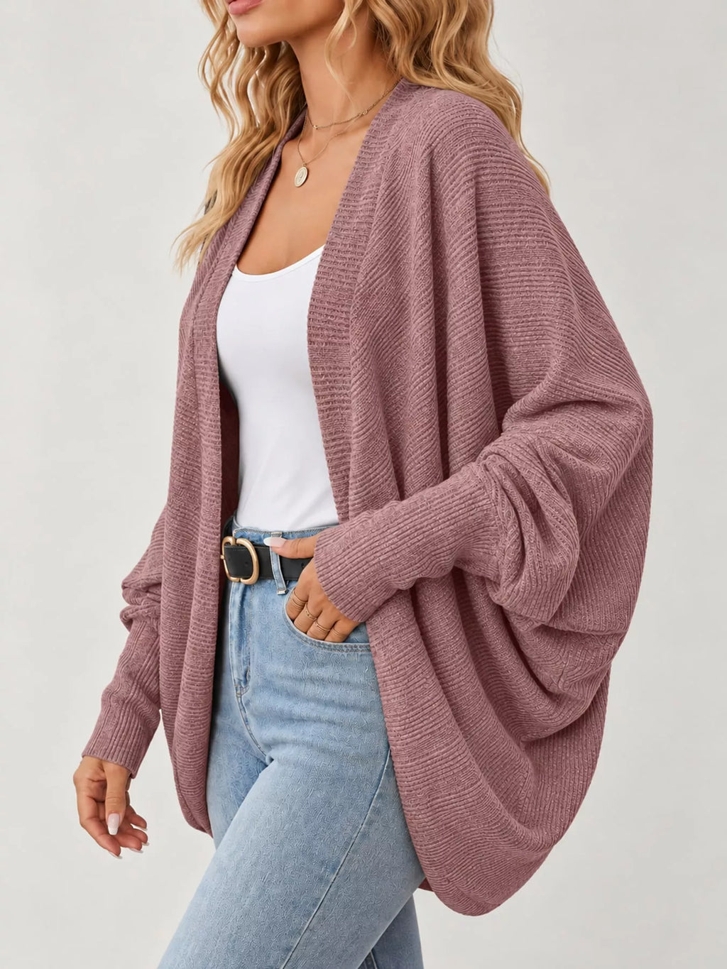Open-front ribbed batwing sleeve cardigan, view 11
