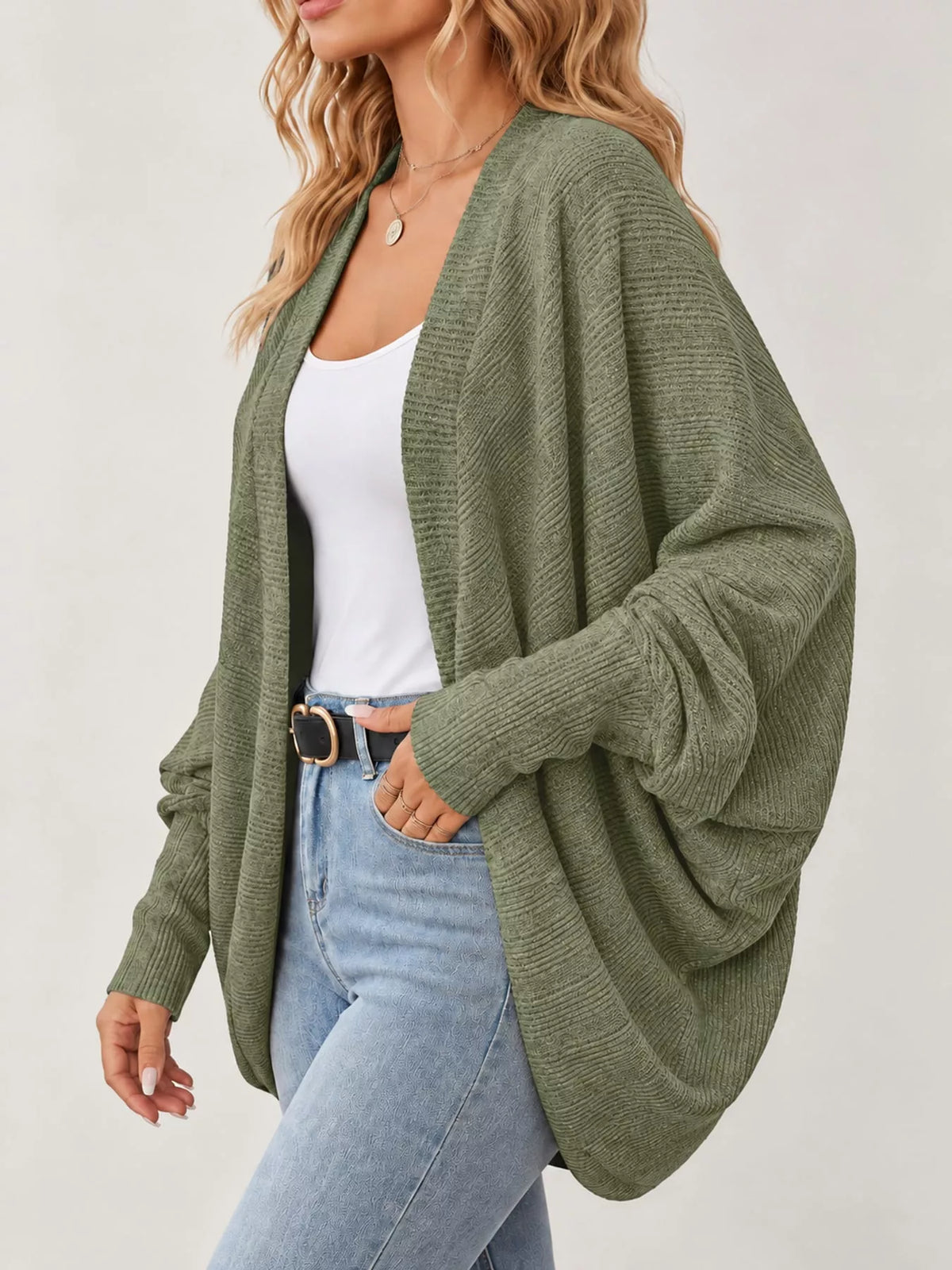 Open-front ribbed batwing sleeve cardigan, view 41