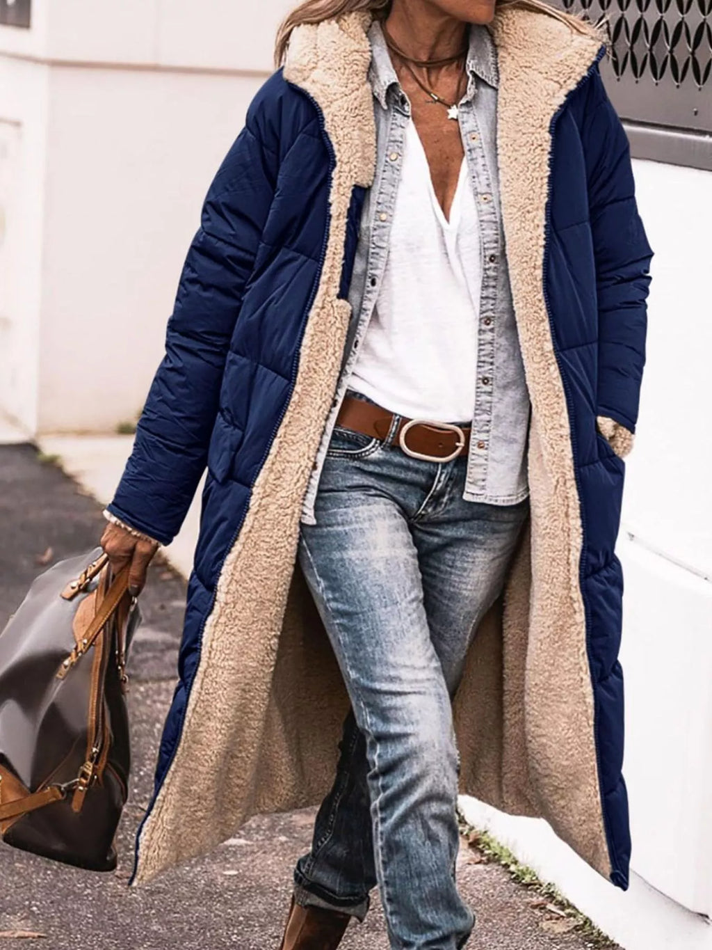 Plus size longline sherpa-lined hooded zip-up coat, view 8