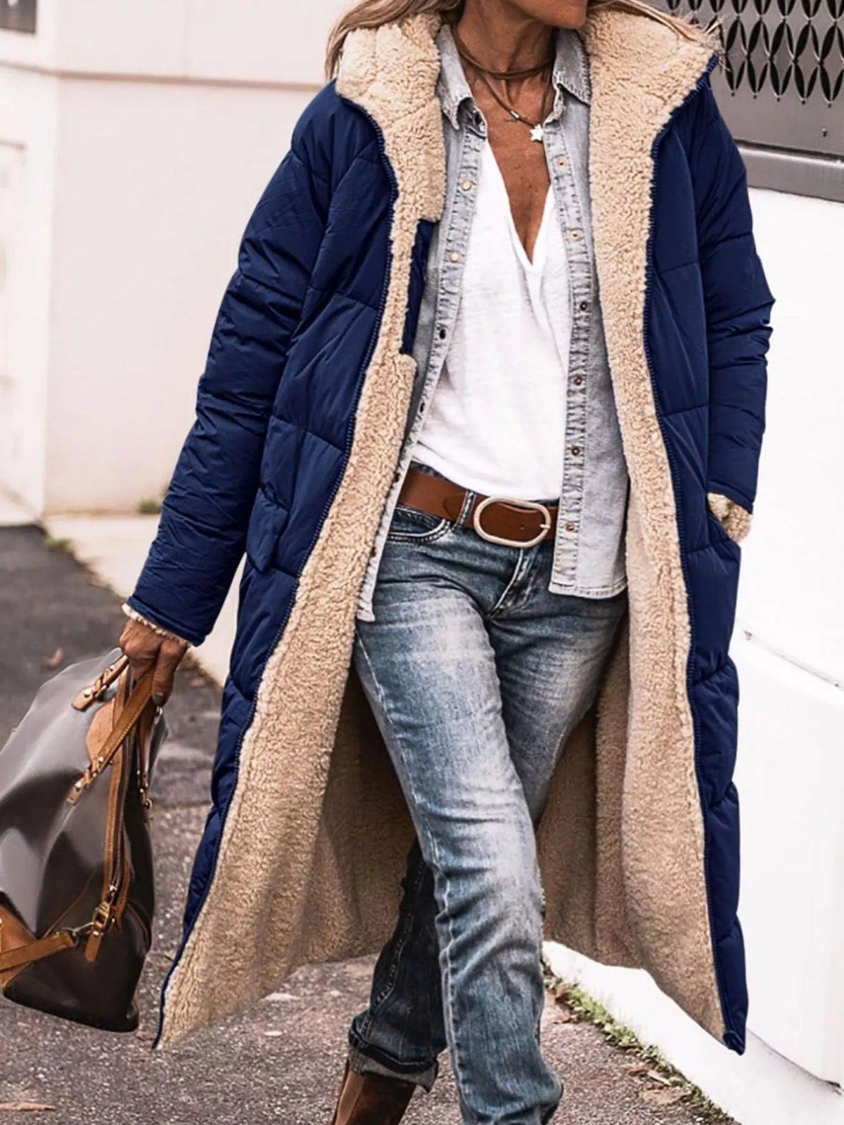 Plus size longline sherpa-lined hooded zip-up coat, view 8