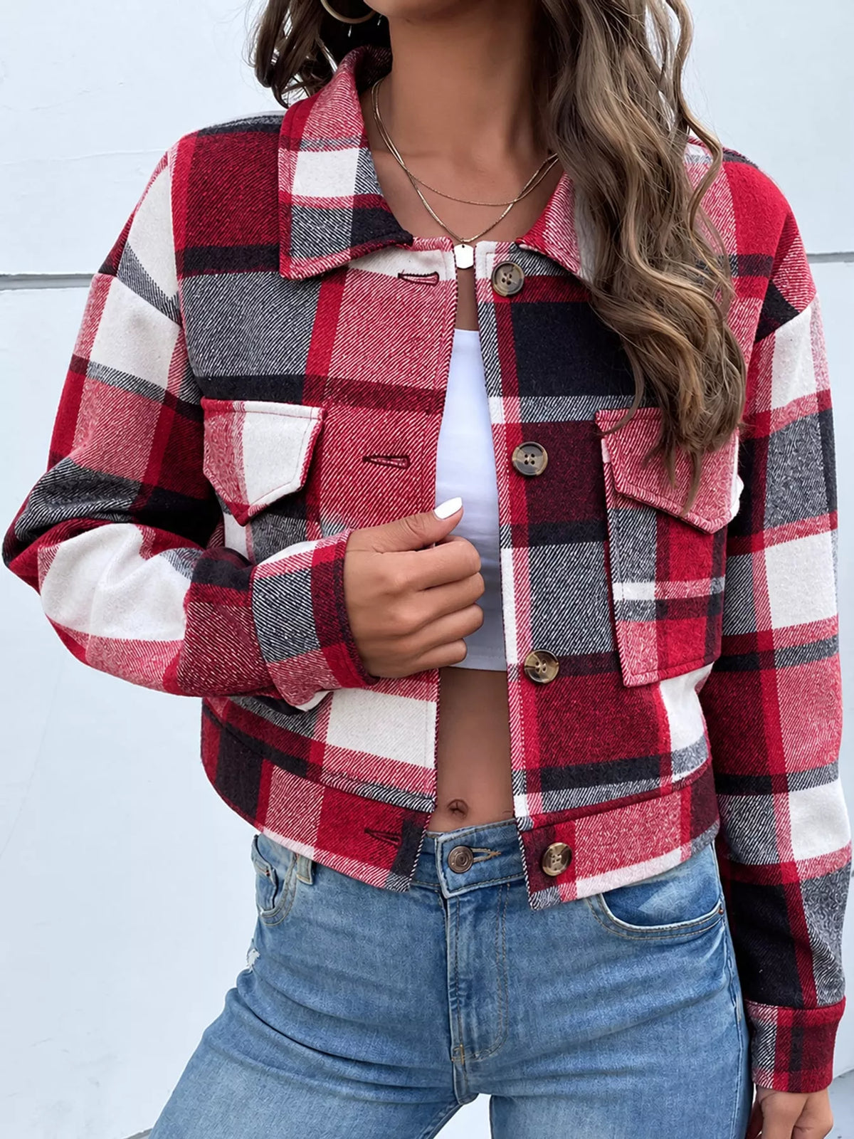 Plaid button-front cropped jacket, view 49