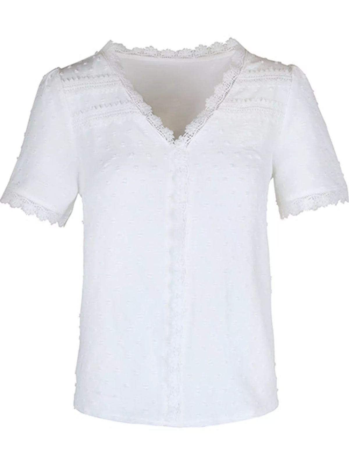 Elegant Swiss dot V-neck blouse with lace trim, featuring a lightweight fabric and feminine design from Trendsi.