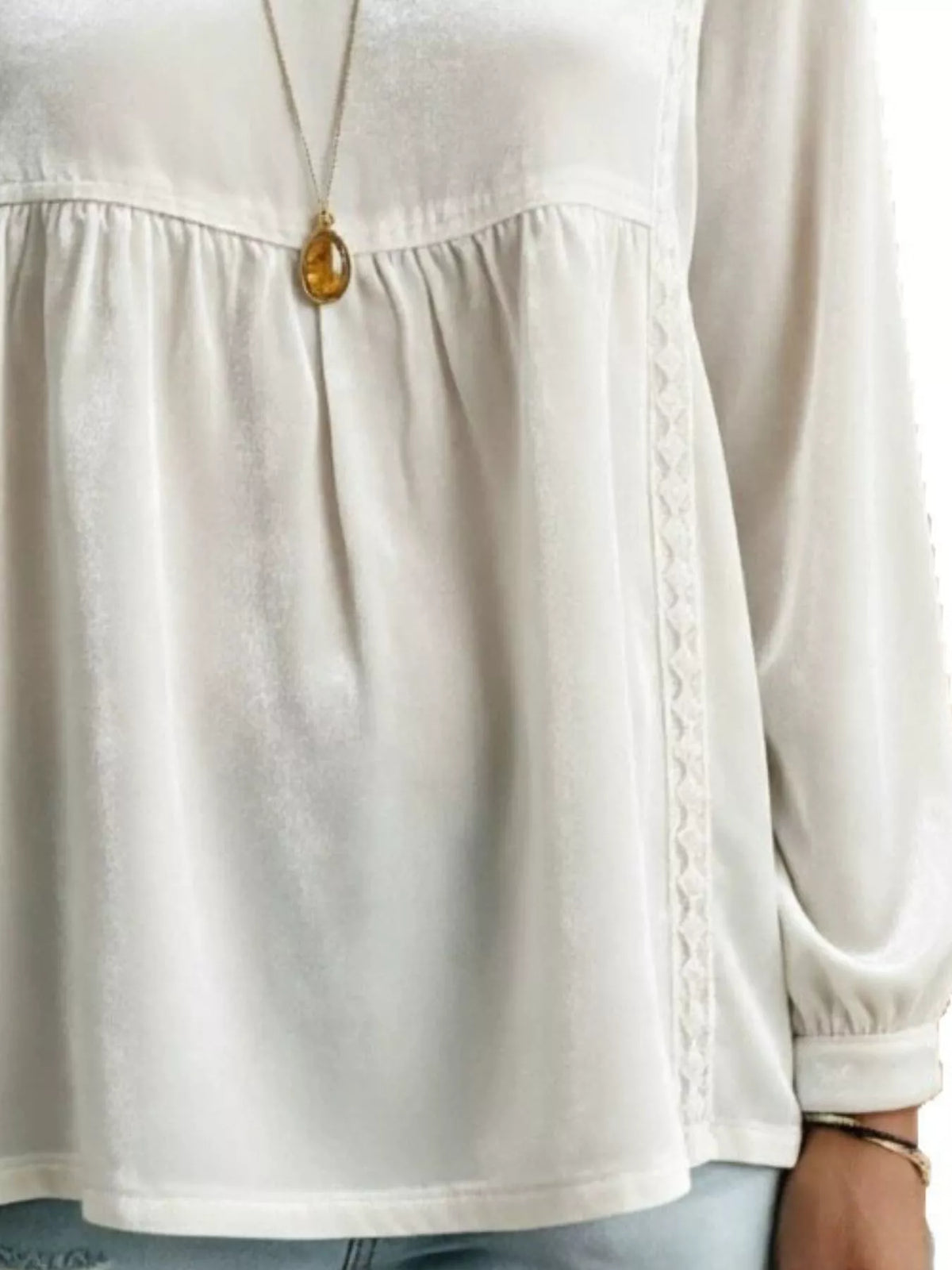 Full size Trendsi velvet V-neck long sleeve blouse with lace trim, plus size, stylish and elegant for women.